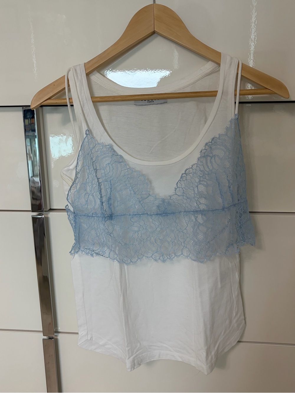 Sandro Women's White Tank with Light Blue Lace Overlay -